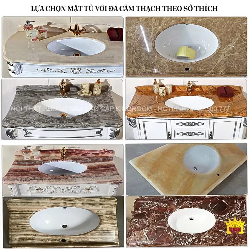 Bộ sưu tập mặt bàn tủ lavabo với đá cẩm thạch đa dạng màu sắc và hoa văn, từ trắng cổ điển đến đỏ rực rỡ, thích hợp cho nhiều phong cách thiết kế