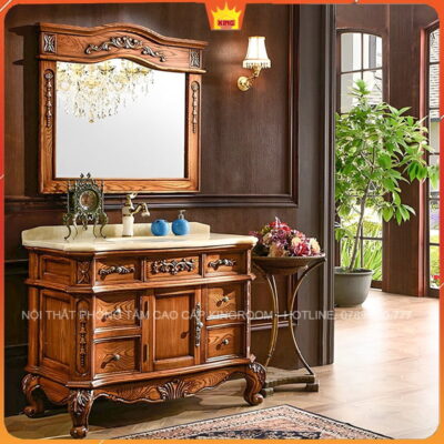 Tủ Lavabo Tân Cổ Điển ND7 nổi bật với chất liệu gỗ sồi cao cấp và mặt đá cẩm thạch