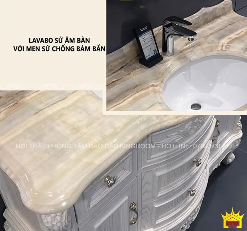 Mặt tủ đá cẩm thạch với lavabo sứ âm bàn với men sứ chống bám bẩn, thiết kế tiện lợi và thanh lịch