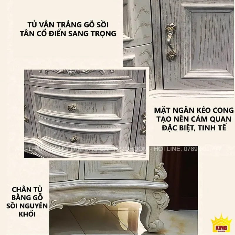 Tủ lavabo tân cổ điển TF50 vân trắng gỗ sồi, mặt ngăn kéo tinh tế và chân tủ đặc biệt