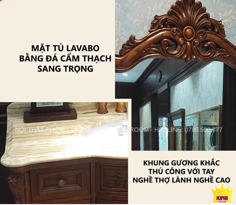 Tủ Lavabo Tân Cổ Điển TF50 với mặt đá cẩm thạch và khung gương khắc nghệ thuật