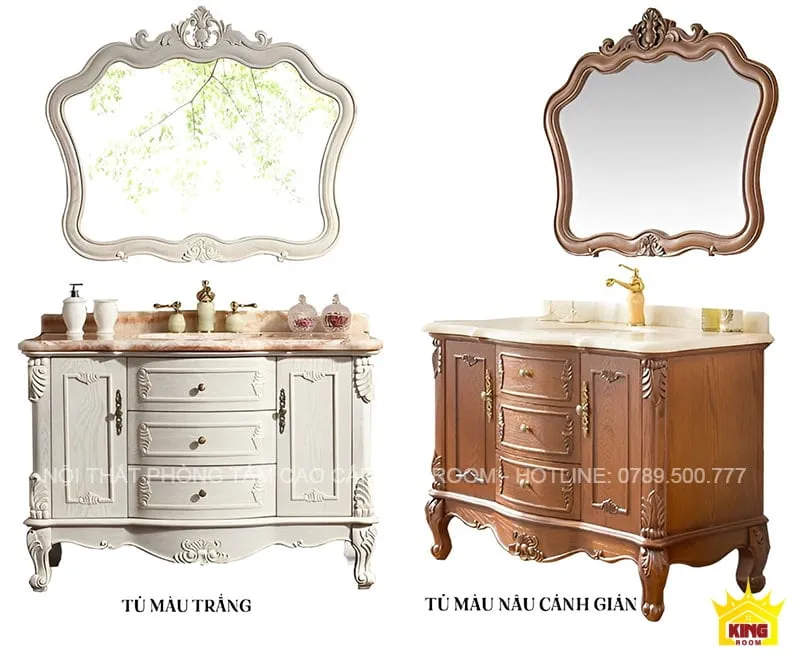 Tủ lavabo gỗ sồi phong cách tân cổ điển, màu trắng và màu nâu cánh gián, với gương cầu kỳ, tô điểm cho không gian phòng tắm sang trọng.