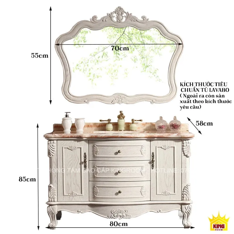 Tủ lavabo tân cổ điển MH20 mặt đá cẩm thạch, kích thước chuẩn, cùng gương trang trí đi kèm.