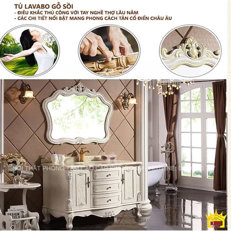 Tủ lavabo gỗ sồi trắng với điêu khắc tinh xảo và mặt đá màu sáng, kiểu dáng tân cổ điển