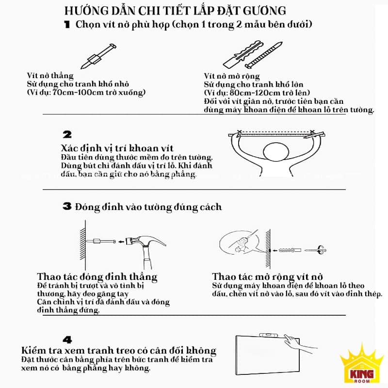 Hướng dẫn chi tiết lắp đặt gương với các bước chọn vít nở, xác định vị trí, đóng đinh, và kiểm tra cân bằng