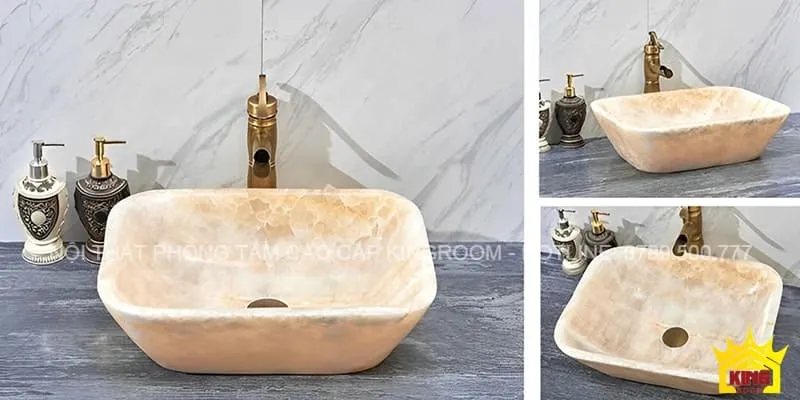 Lavabo đá thiết kế hình chữ nhật bo góc màu cam