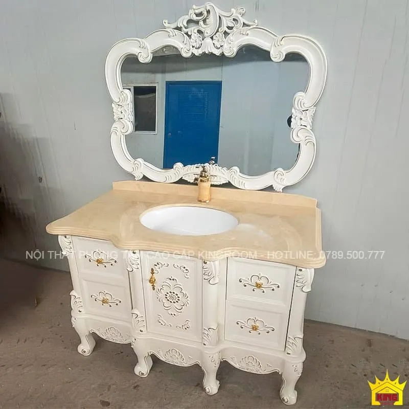 Tủ lavabo tân cổ điển  màu trắng xám với gương lớn