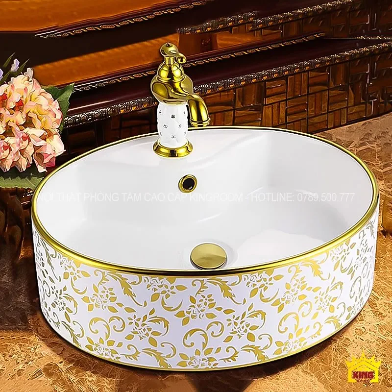 Lavabo tròn mạ vàng hoa văn Aqua BA10