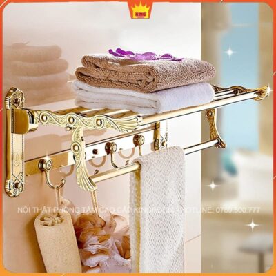Kệ đựng khăn và móc treo mạ vàng - bộ phụ kiện nhà tắm