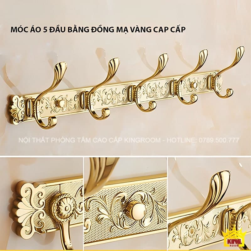 Móc áo 5 đầu bằng đồng mạ vàng cao cấp với hoa văn tinh tế