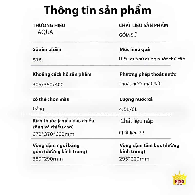 Thông tin chi tiết sản phẩm Bồn Cầu 1 Khối Aqua S16