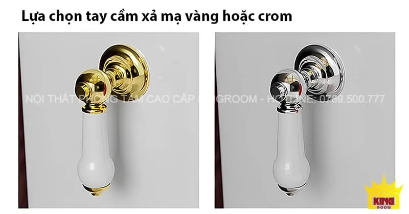 Tùy chọn tay cầm xả nước của Bồn Cầu 1 Khối Aqua C70, có sẵn trong các phiên bản mạ vàng và crom.