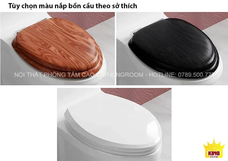 Tùy chọn màu nắp bồn cầu cho Bồn Cầu 1 Khối Aqua C70, bao gồm màu gỗ, đen, và trắng.