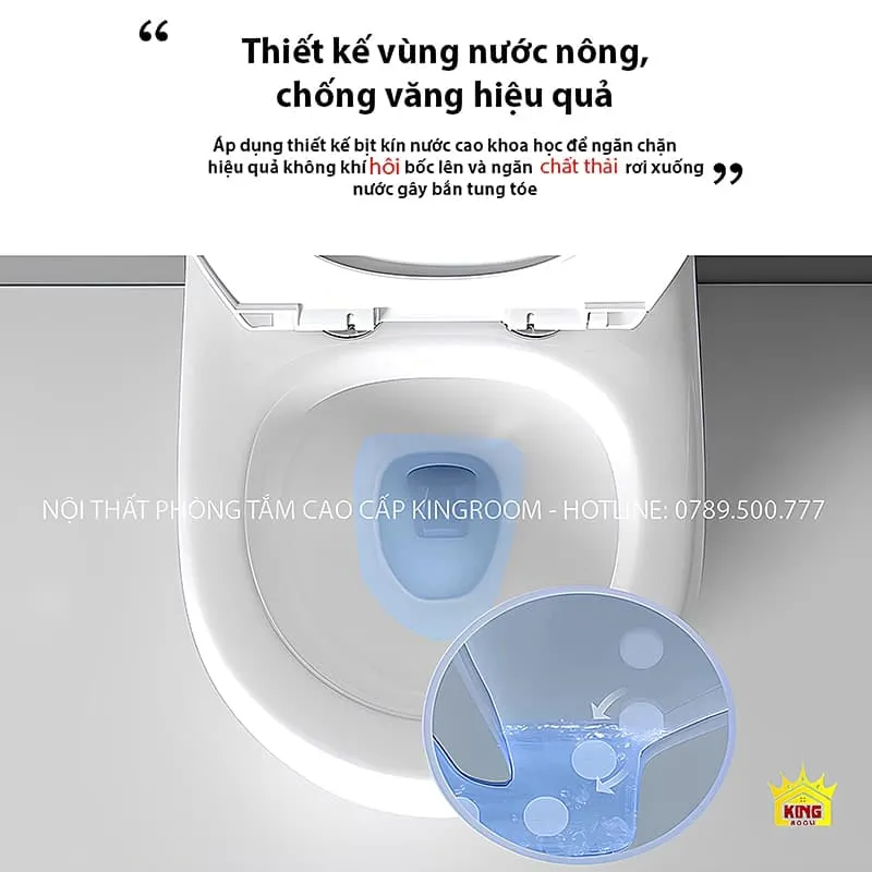 Thiết kế vùng nước nông của bồn cầu giúp chống văng nước hiệu quả.