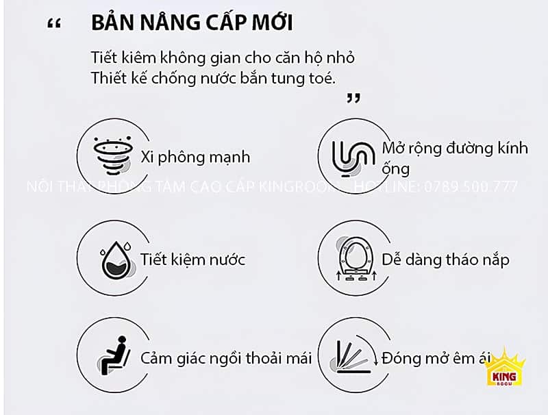 Các tính năng nổi bật như xả mạnh, tiết kiệm nước, dễ tháo nắp.