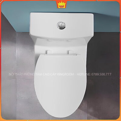 Bồn cầu liền khối nhìn từ trên xuống, hiển thị chi tiết nắp và nút nhấn.