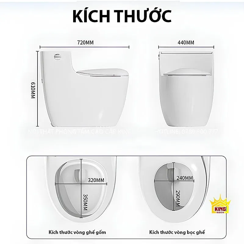 Kích thước chi tiết của bồn cầu liền khối với các góc nhìn từ phía trước và bên cạnh.