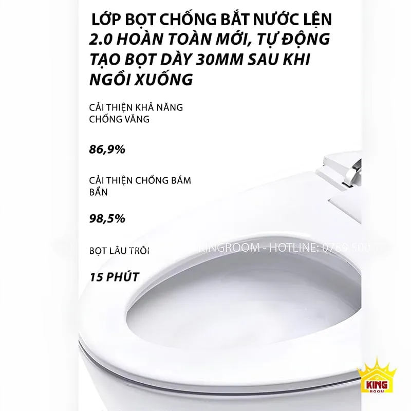 Bồn cầu thông minh với lớp bọt chống bắn nước, cải thiện chống văng và bám bẩn.