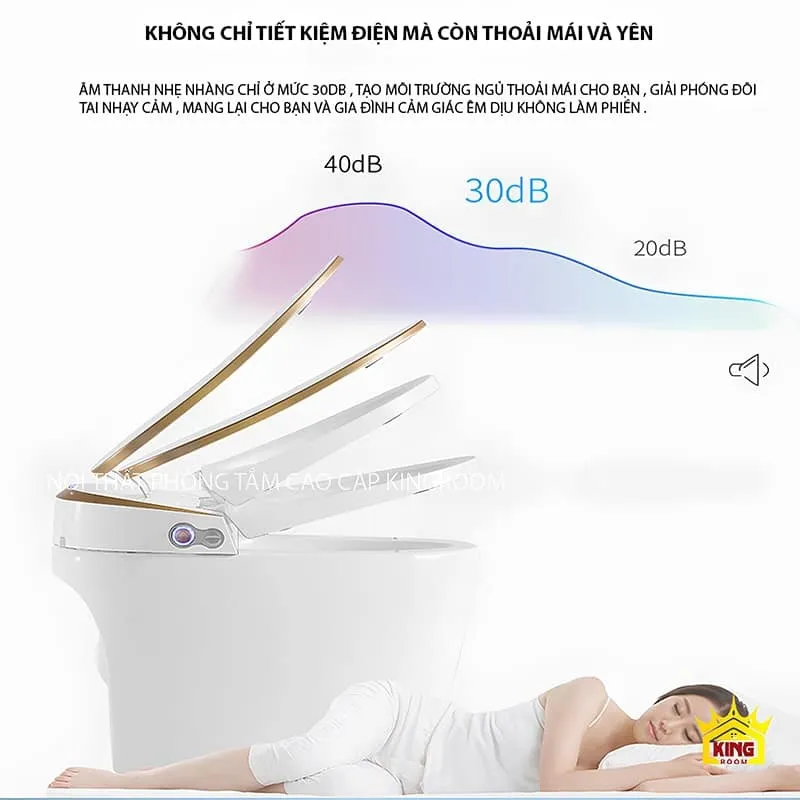 Bồn cầu thông minh JF9 với nắp đóng tự động và biểu đồ độ ồn 30dB, thiết kế mang lại sự yên tĩnh và thoải mái.