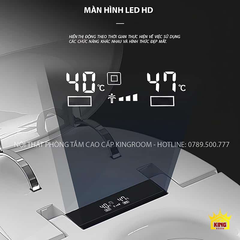 Màn hình LED HD trên bồn cầu thông minh JF9 hiển thị nhiệt độ và các chức năng vệ sinh.