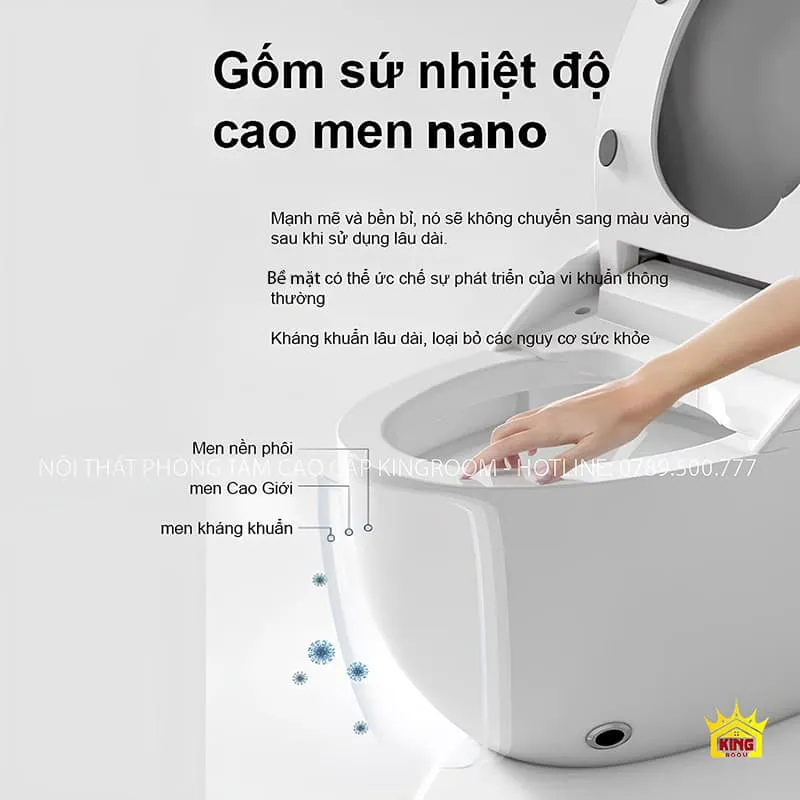 Gốm sứ nhiệt độ cao với lớp men nano trên Bồn Cầu Thông Minh KS5, kháng khuẩn và bền màu.