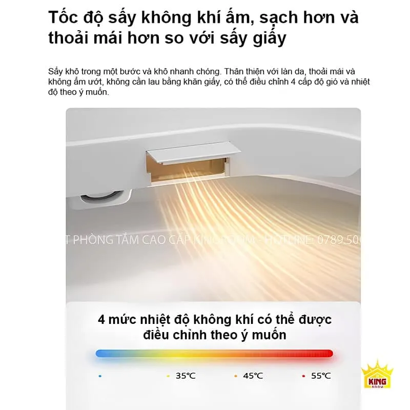 Chức năng sấy không khí ấm của bồn cầu thông minh KS5, với bốn mức điều chỉnh nhiệt độ từ 35°C đến 55°C.