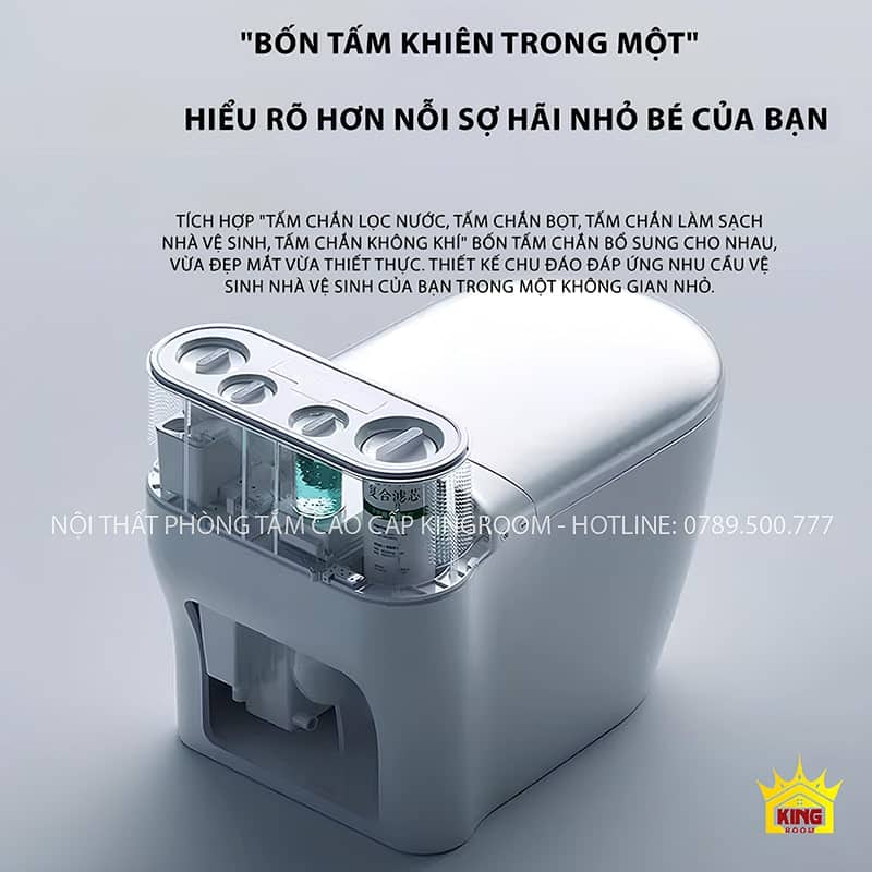 Bồn cầu thông minh MS9 của Kingroom với thiết kế tích hợp tấm chắn lọc nước, tấm chắn bọt, tấm chắn vệ sinh, và tấm chắn không khí