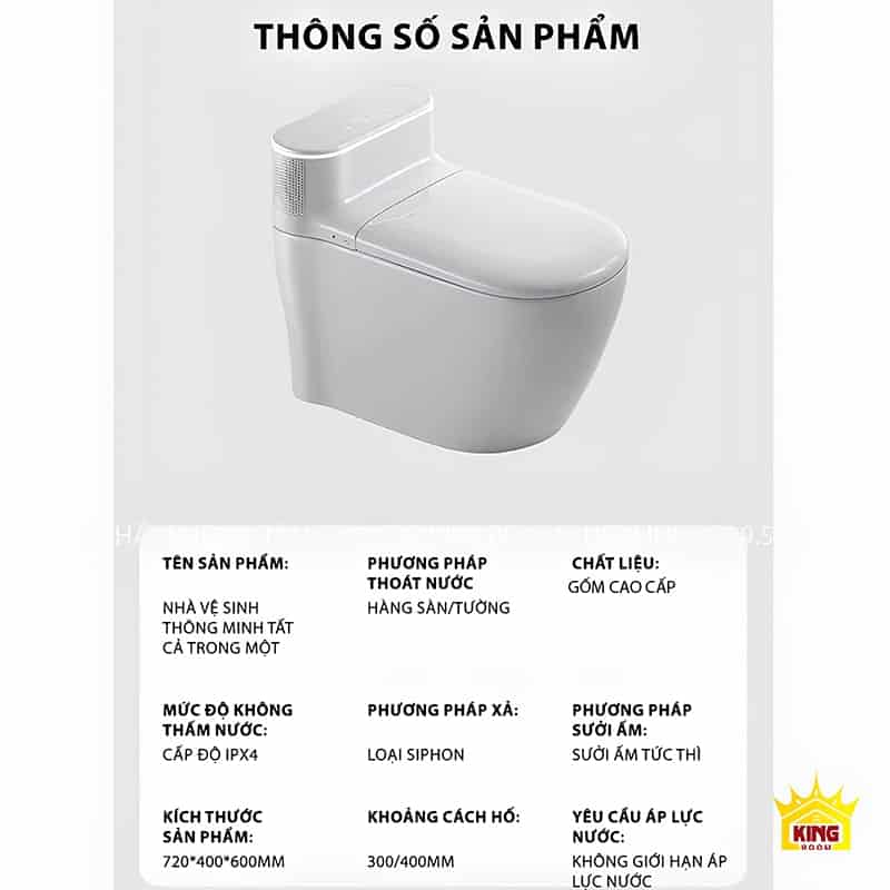 Hình ảnh sản phẩm bồn cầu thông minh MS9-Kingroom với thông số kỹ thuật chi tiết về kích thước, chất liệu và các tính năng.