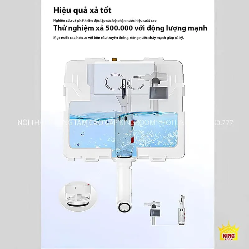 Hiệu quả xả tốt của Bồn Cầu Trứng Treo Tường Aqua AT9 với thử nghiệm xả 500,000 lần.