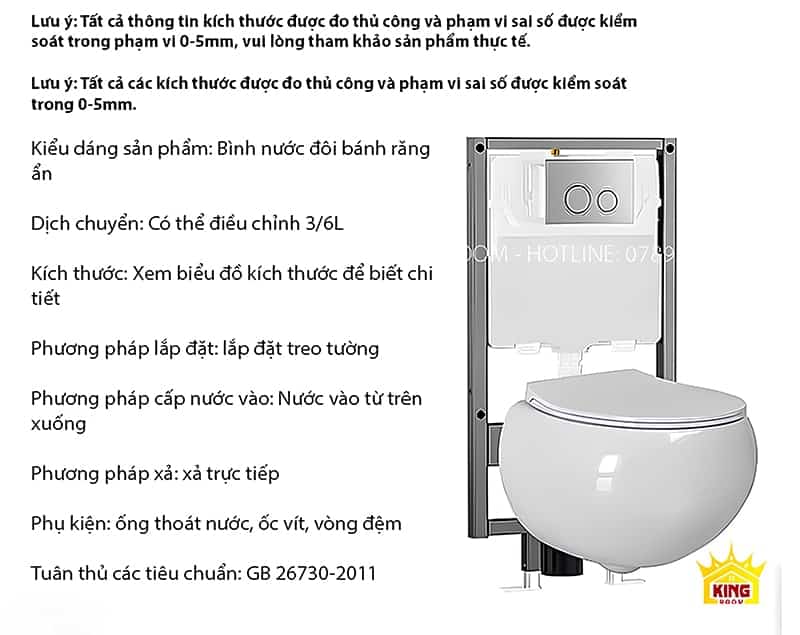 Thông tin kích thước và phương pháp lắp đặt của Bồn Cầu Trứng Treo Tường Aqua AT9, bao gồm kiểu dáng, dịch chuyển và phụ kiện.