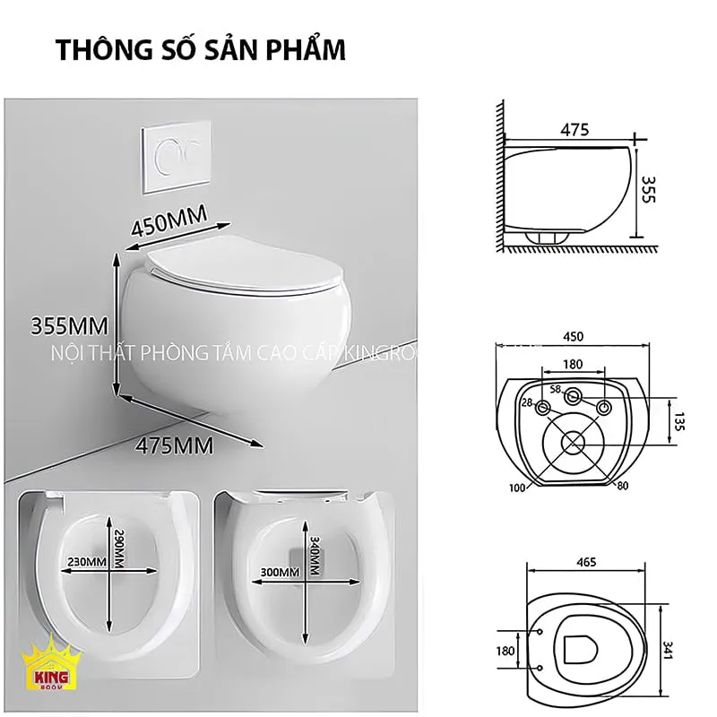 Thông số sản phẩm Bồn Cầu Trứng Treo Tường Aqua AT9 với các kích thước chi tiết.