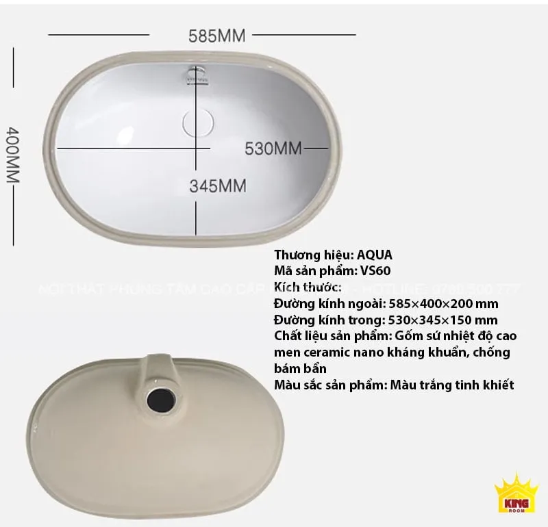 Thông số kích thước Lavabo Âm Bàn Aqua VS60