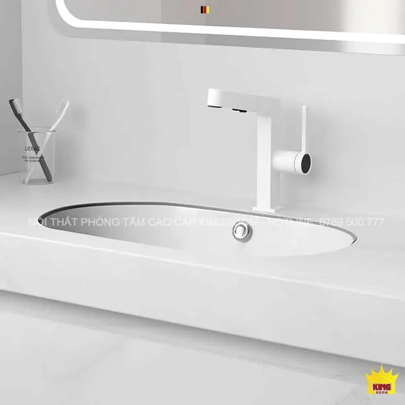 Lavabo Âm Bàn Aqua VS60 trên nền trằng phòng tắm sang trọng