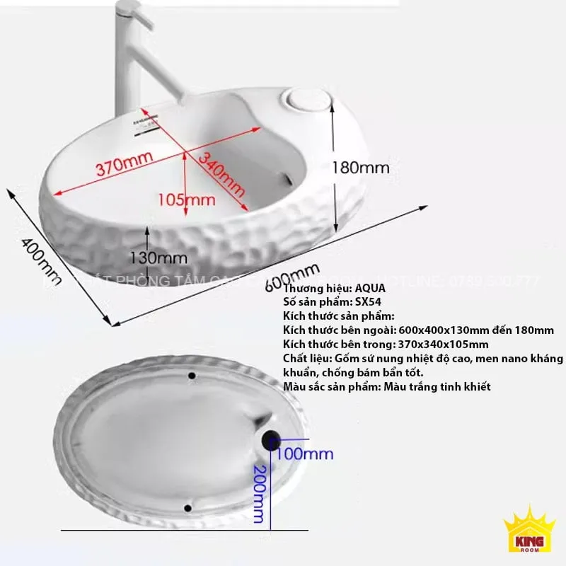 Lavabo Đặt Bàn Aqua SX54 với kích thước chi tiết