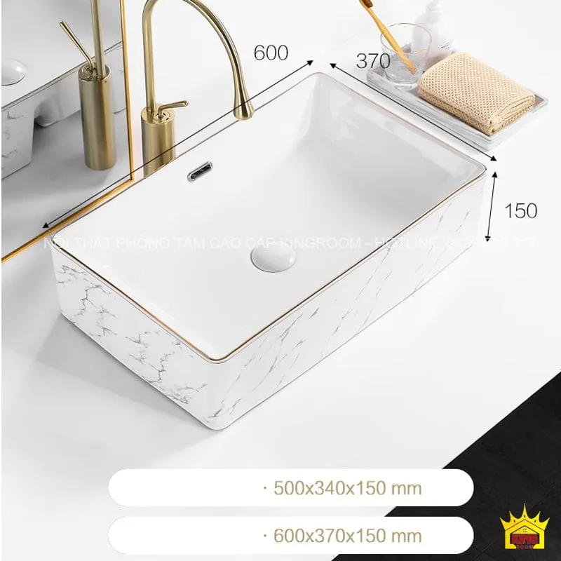 Lavabo Đặt Bàn Hình Chữ Nhật Aqua HH8 với kích thước 600x370x150mm.