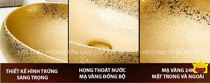 hi tiết hông thoát nước và lớp mạ vàng 24K của Lavabo Mạ Vàng Aqua LX90.