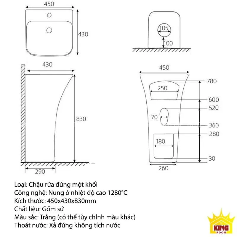 Kích thước bồn rửa đứng A0T