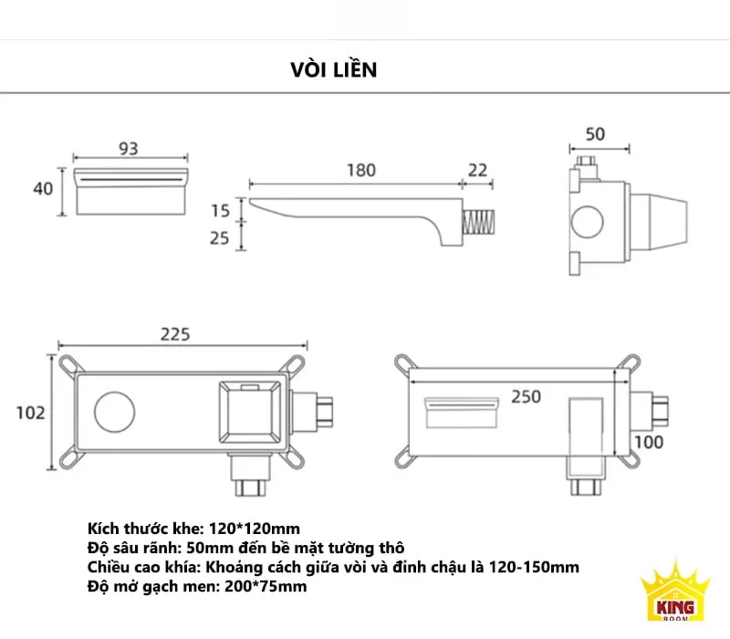 Kích thước của của vòi âm tường 30VC liền