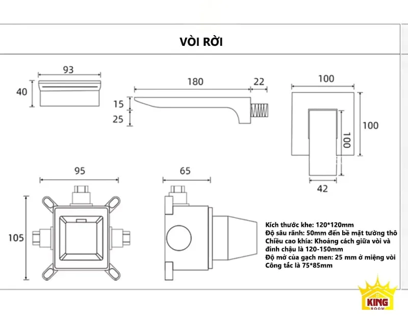 Kích thước của của vòi âm tường 30VC rời