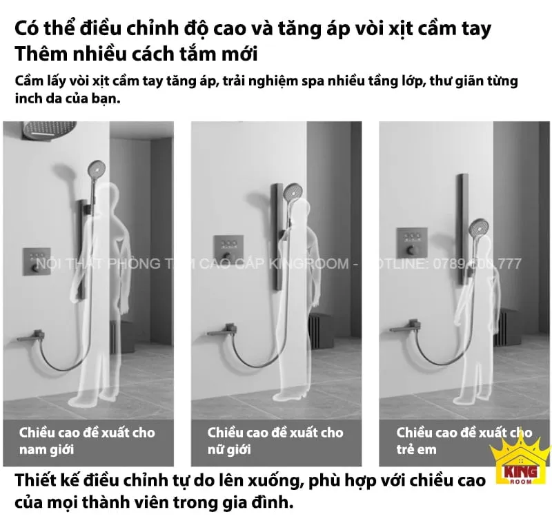 Vòi sen cầm tay có chế độ điều chỉnh dọc theo tay vòi để phù hợp với cơ thể người dùng