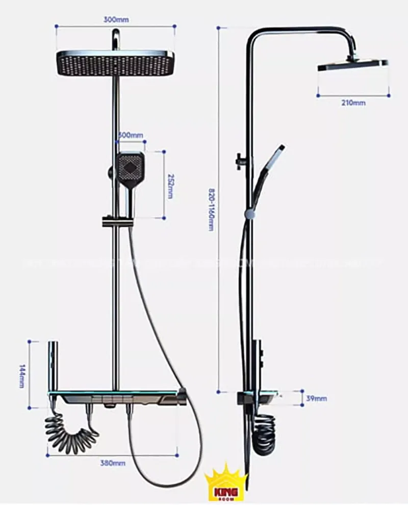 Kích thước chi tiết của sen cây tắm đứng.