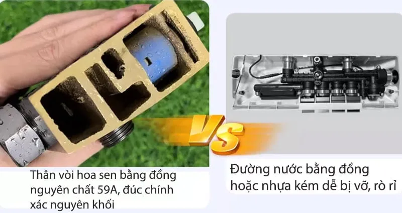 Thân vòi hoa sen bằng đồng nguyên chất 59A, đúc chính xác nguyên khối so với đường nước bằng đồng hoặc nhựa kém.