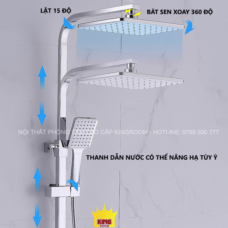 Thanh dẫn nước có thể nâng hạ, đầu sen xoay 360 độ.