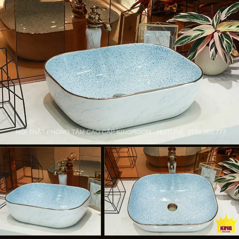 Lavabo Đặt Bàn Men Xám Ngọc Aqua MS5 với thiết kế hình chữ nhật và họa tiết xanh ngọc bên trong.