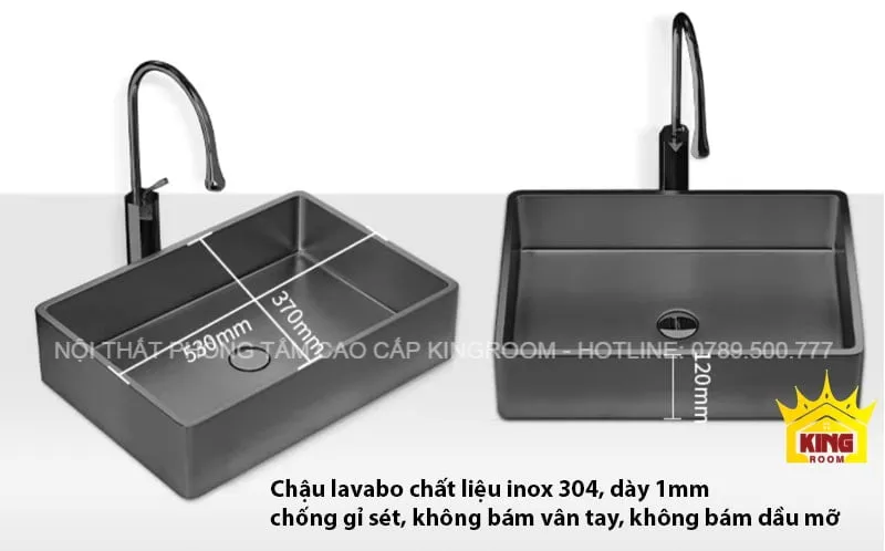 Lavabo Inox Đặt Bàn Aqua NS62 màu xám với kích thước chi tiết.