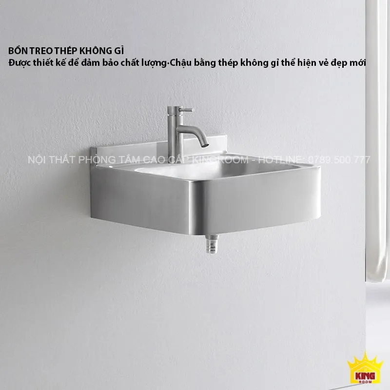 Lavabo Inox Treo Tường Aqua DC50 trên nền tường trắng.