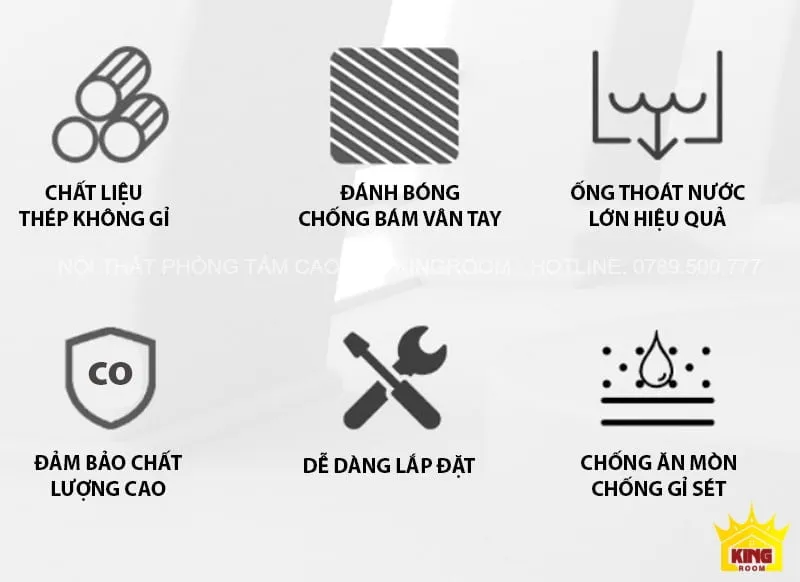 Các đặc điểm nổi bật: chống bám vân tay, dễ dàng lắp đặt, ống thoát nước lớn hiệu quả