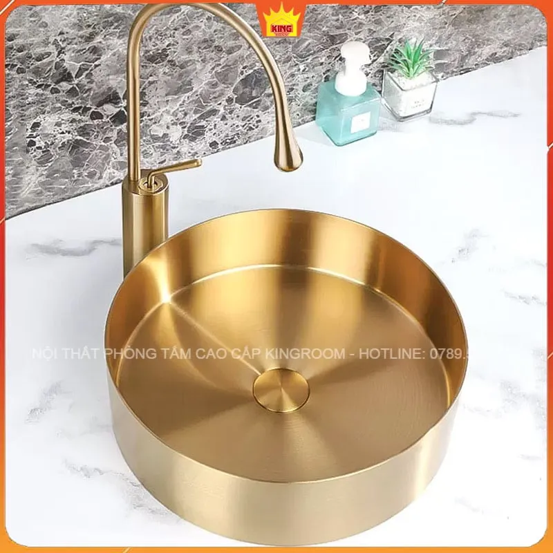 Lavabo Inox Hình Tròn Aqua LS5 với thiết kế sang trọng và bề mặt vàng bóng