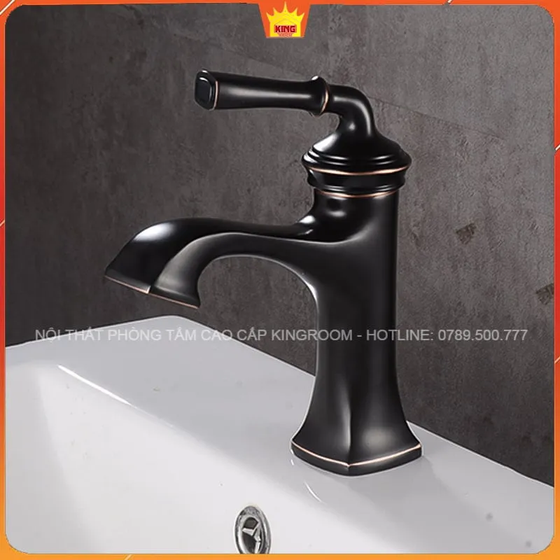 Vòi lavabo nóng lạnh màu đen Aqua MD6, lắp trên bồn rửa mặt trắng, thiết kế cổ điển châu Âu.