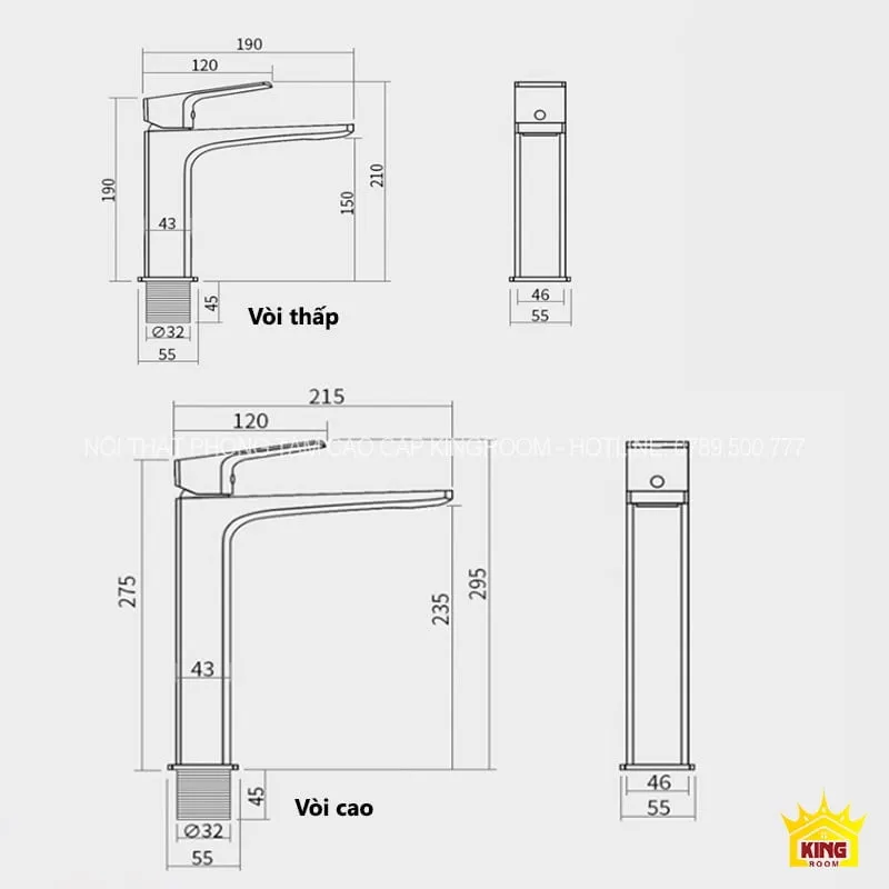 Kích thước chi tiết của Vòi Lavabo Nóng Lạnh Màu Xám Aqua VD30